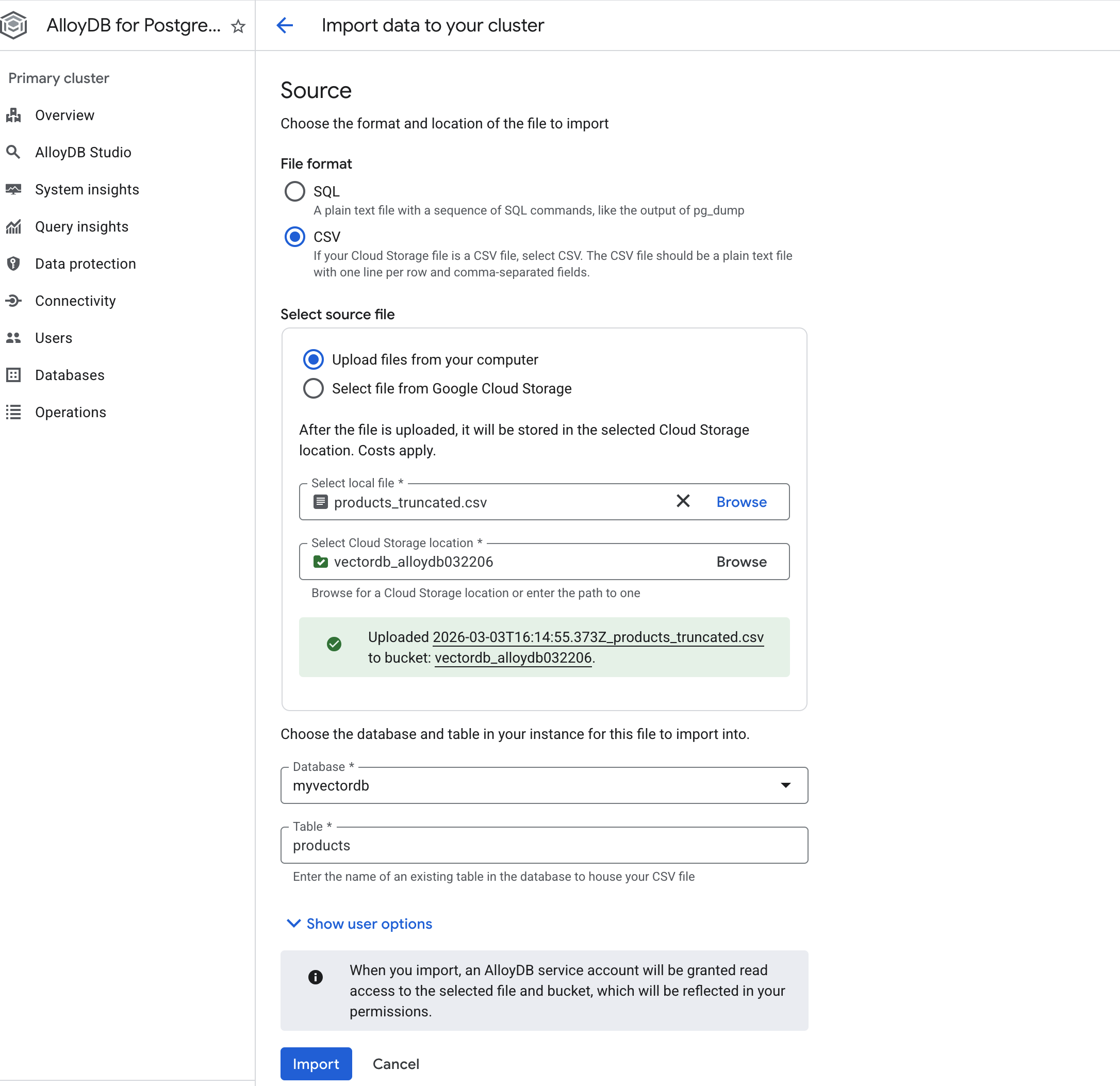 filled out import screen